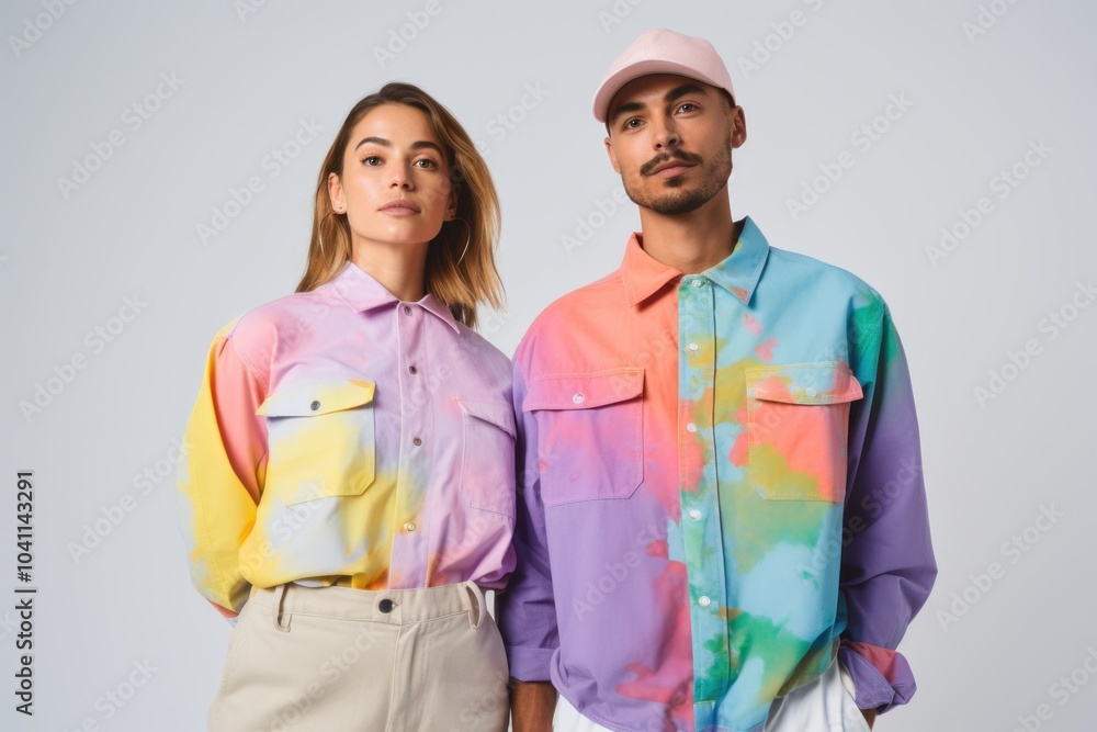 Two people wearing colorful shirts and a hat pose for a photo Two people wearing colorful shirts and a hat pose for a photo