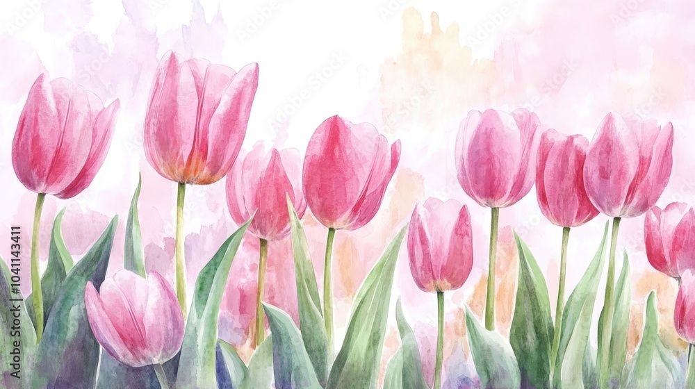 Pink tulips in watercolor during spring Pink tulips in watercolor during spring