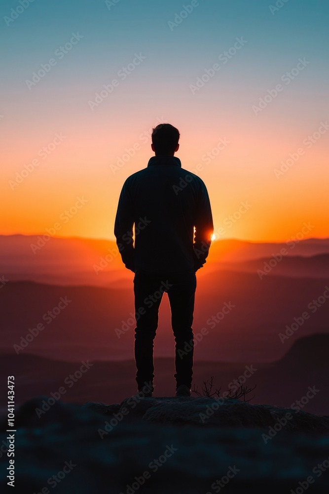 Silhouetted Man Standing on a Mountaintop at Sunset Silhouetted Man Standing on a Mountaintop at Sunset
