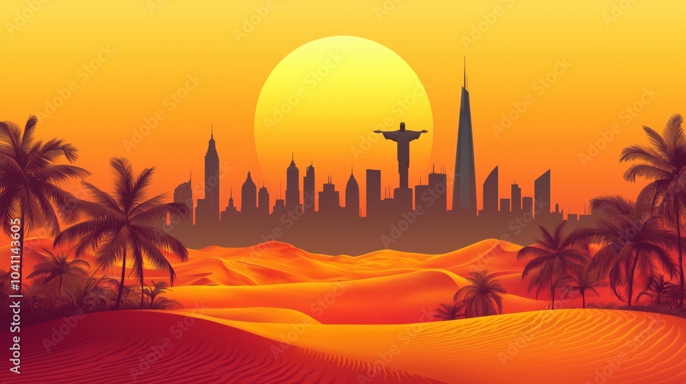 Obraz premium Surreal Desert Landscape with City Silhouette