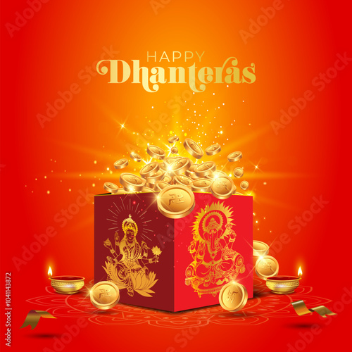 Festival of India Happy Dhanteras with golden coins box, Maa Lakshmi and diwali lights. Vector illustration