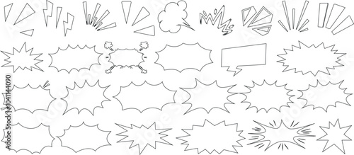 Comic speech bubbles, bursts, explosions, and cloud shapes in black outlines. Perfect for comic strip designs, cartoons, and graphic art. Versatile elements for dynamic storytelling, action