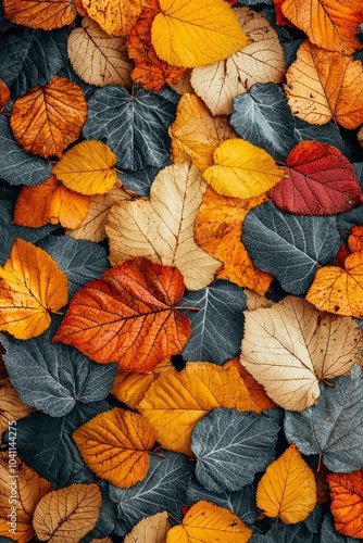 Close-up of Multicolored Autumn Leaves with Intricate Veining