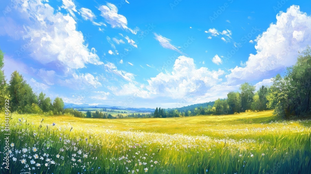 Fototapeta premium Oil painting depicting a vibrant meadow under a clear blue sky showcasing the beauty of a sunny summer landscape