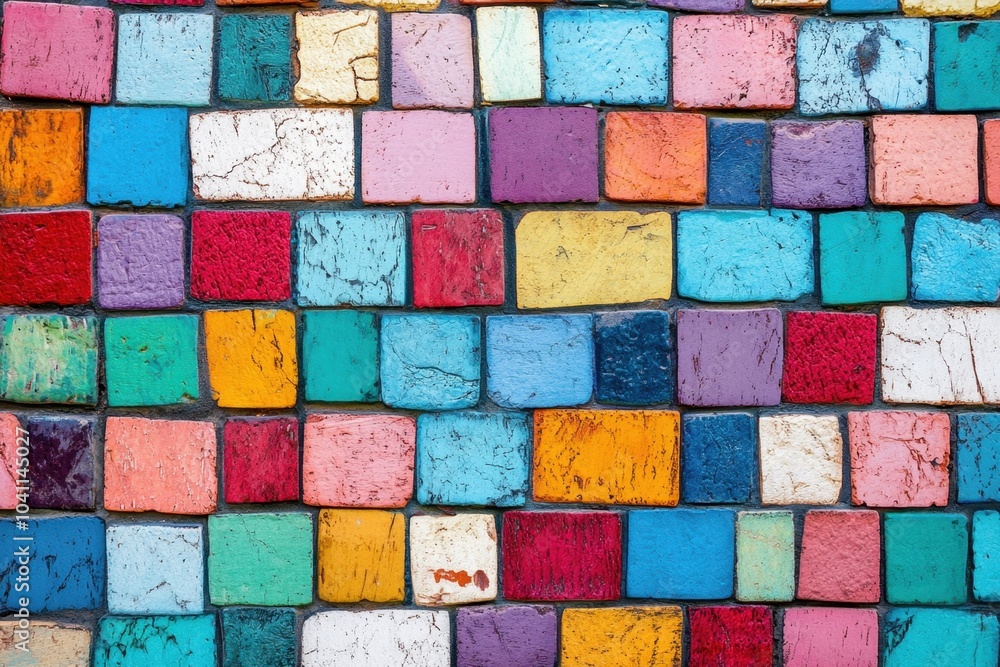 Colorful bricks in a mosaic pattern, creating an eye-catching design, perfect for decorative art and creative projects, showcasing vibrant hues and artistic expression Colorful bricks in a mosaic pattern, creating an eye-catching design, perfect for decorative art and creative projects, showcasing vibrant hues and artistic expression
