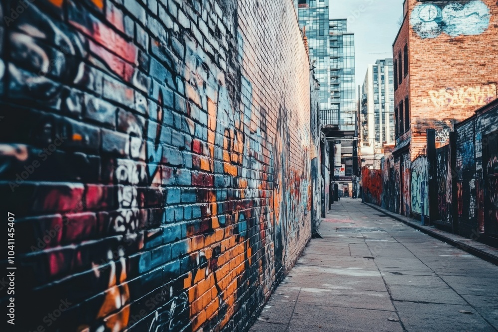 Fototapeta premium Graffiti-covered brick wall in an urban alleyway, capturing street art and vibrant culture, perfect for edgy and contemporary themes, showcasing artistic expression and city life