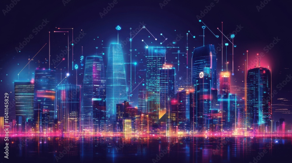 Futuristic city skyline with vibrant digital elements and lights. Futuristic city skyline with vibrant digital elements and lights.