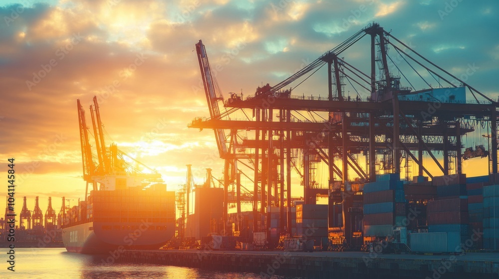 A modern port terminal bathed in morning light, where cargo is being loaded onto ships with cranes against a backdrop of a serene sunrise, Illustrating the efficiency of international commerce A modern port terminal bathed in morning light, where cargo is being loaded onto ships with cranes against a backdrop of a serene sunrise, Illustrating the efficiency of international commerce