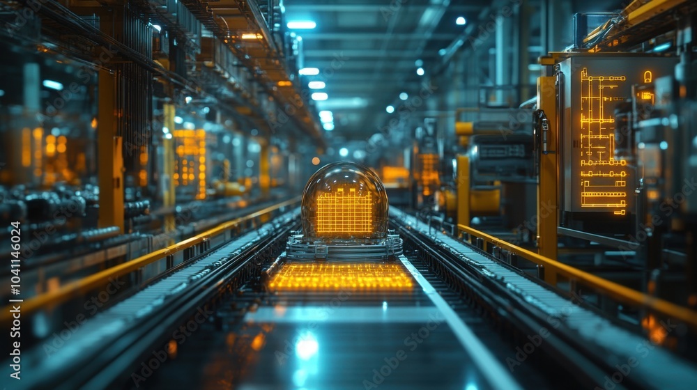 Futuristic industrial setting with glowing elements and machinery. Futuristic industrial setting with glowing elements and machinery.