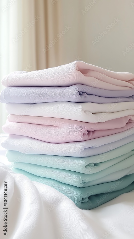 Neatly folded pastel fabrics stacked in a serene, natural light setting, ideal for sewing projects and interior decor inspiration. Neatly folded pastel fabrics stacked in a serene, natural light setting, ideal for sewing projects and interior decor inspiration.