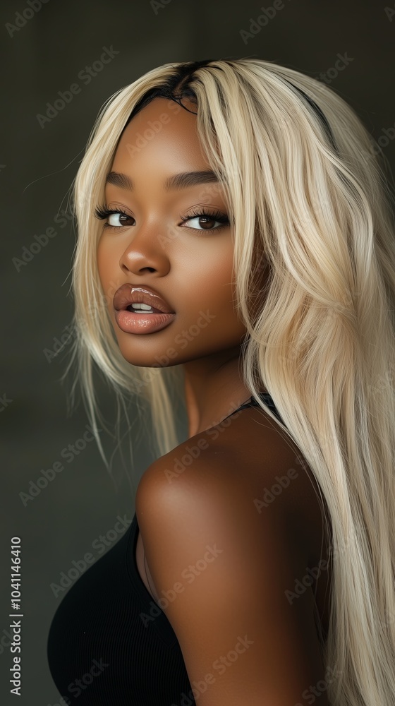 Portrait of a confident woman with long blonde hair, showcasing beauty and empowerment in a studio setting. Portrait of a confident woman with long blonde hair, showcasing beauty and empowerment in a studio setting.