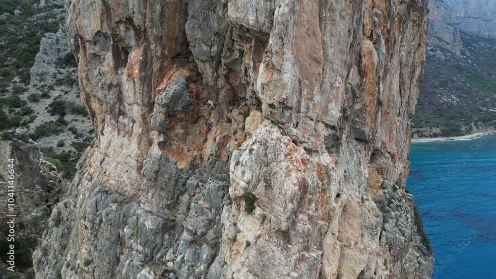 Parallax aerial view of wild goats grazing high up on a sea stack in Sardinia, Italy Parallax aerial view of wild goats grazing high up on a sea stack in Sardinia, Italy