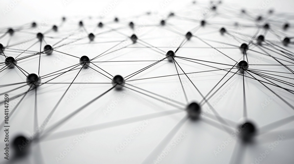 Visual representation of interconnectedness featuring linked circles and lines on a white background. Visual representation of interconnectedness featuring linked circles and lines on a white background.