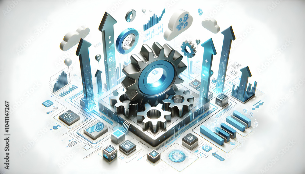 3D Floating Digital Gear Growth Data Arrows Tech Innovation Expertise Icon Infographic White Background Symbolize Future Skill Building Digital Technology 3D Floating Digital Gear Growth Data Arrows Tech Innovation Expertise Icon Infographic White Background Symbolize Future Skill Building Digital Technology