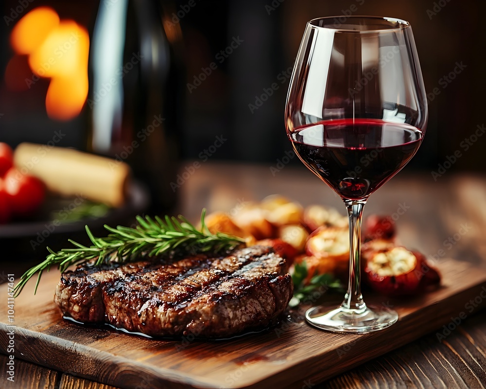 Perfectly Grilled Steak and Robust Red Wine Pairing on Wooden Table Perfectly Grilled Steak and Robust Red Wine Pairing on Wooden Table