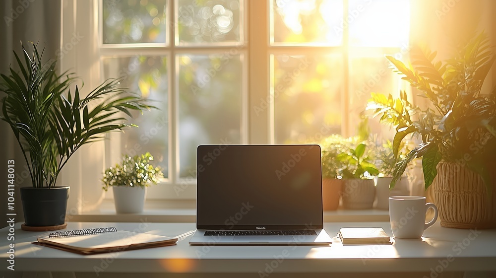 Minimalistic Workspace with Sleek Laptop and Plants Minimalistic Workspace with Sleek Laptop and Plants
