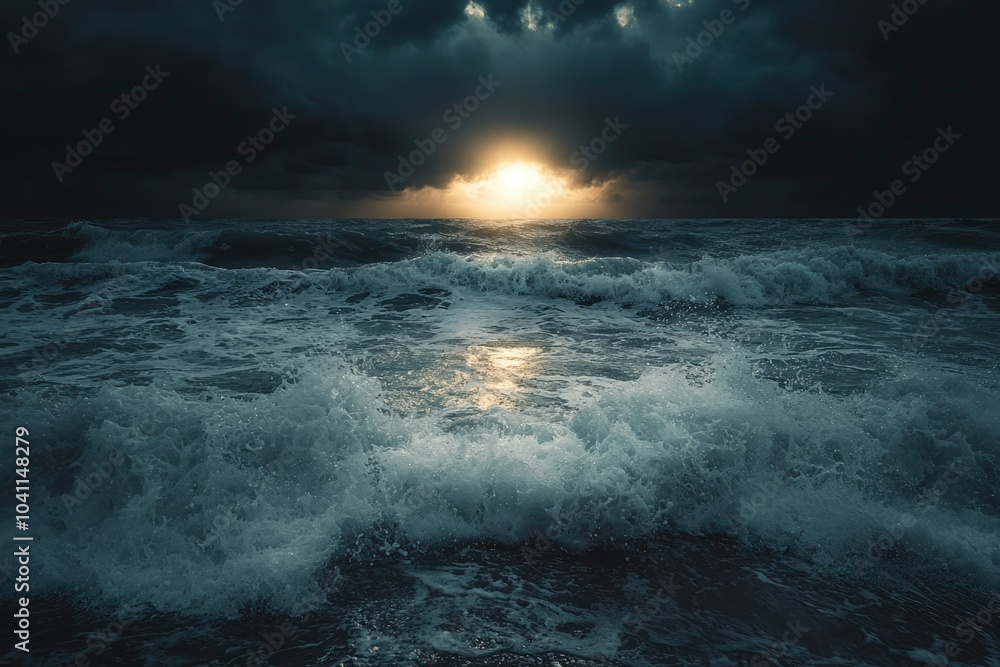 Obraz premium Dark Clouds and Waves Crashing on a Stormy Sea at Sunset
