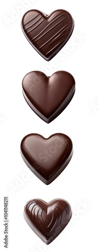 Die-cut chocolate heart candies arranged in a vertical line on a white isolate background.