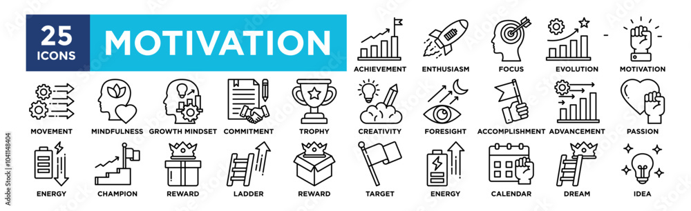 Motivation icon collection set. Containing design success, business, concept, teamwork, inspiration Motivation icon collection set. Containing design success, business, concept, teamwork, inspiration