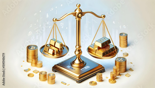 3D Wealth Balance Scale Vector Graphic - Gold Bars vs Digital Coins Concept - Icon Illustrating Traditional vs Digital Wealth in Modern Economy - 3D Illustration on White Background