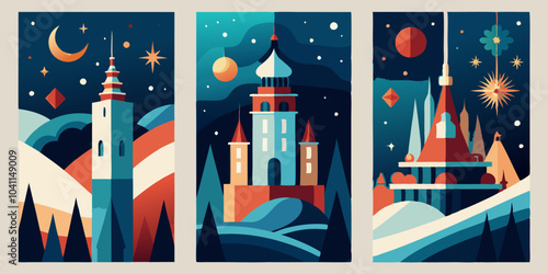 Abstract geometric castle landscapes in night sky scene for art posters