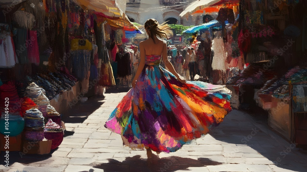 Woman in colorful dress walking. Woman in colorful dress walking.
