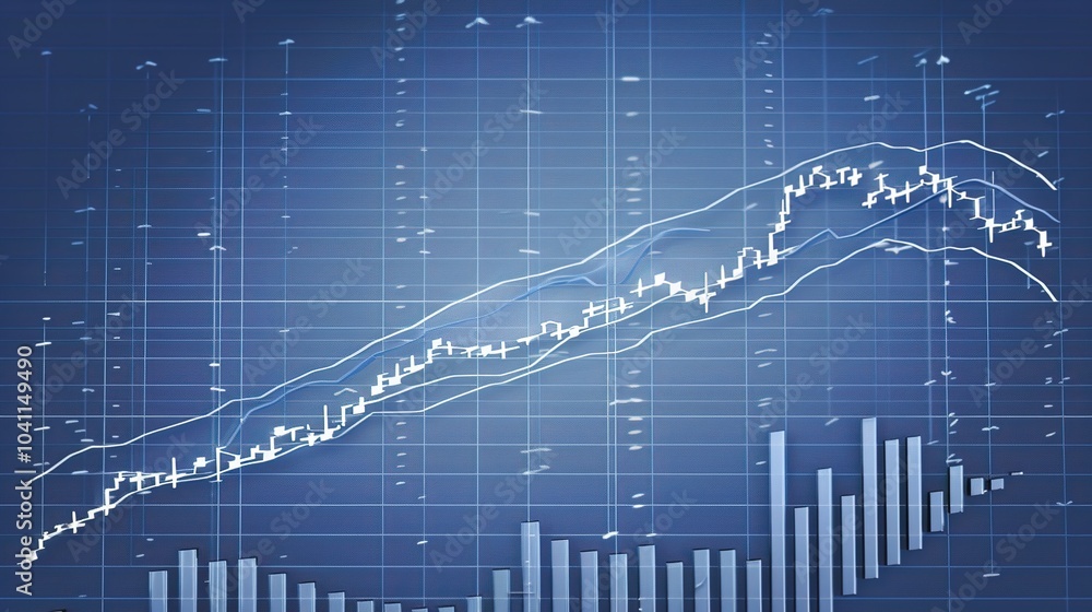 Closeup financial chart with uptrend line candlestick graph in stock market on blue color monitor background Closeup financial chart with uptrend line candlestick graph in stock market on blue color monitor background