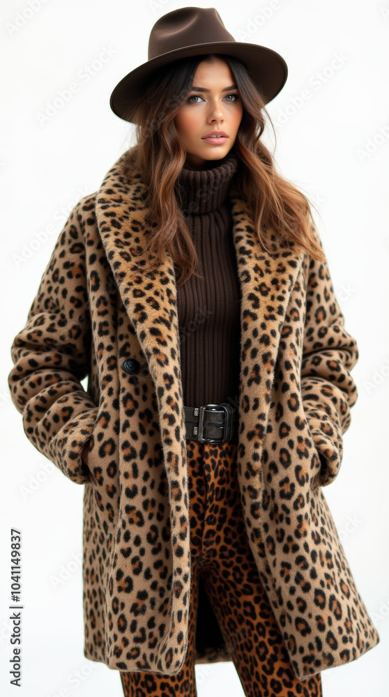 Fashion Model in Trendy Leopard Print Fall Outfit – Iconic Style for Autumn 2024 with Hat and Coat Fashion Model in Trendy Leopard Print Fall Outfit – Iconic Style for Autumn 2024 with Hat and Coat