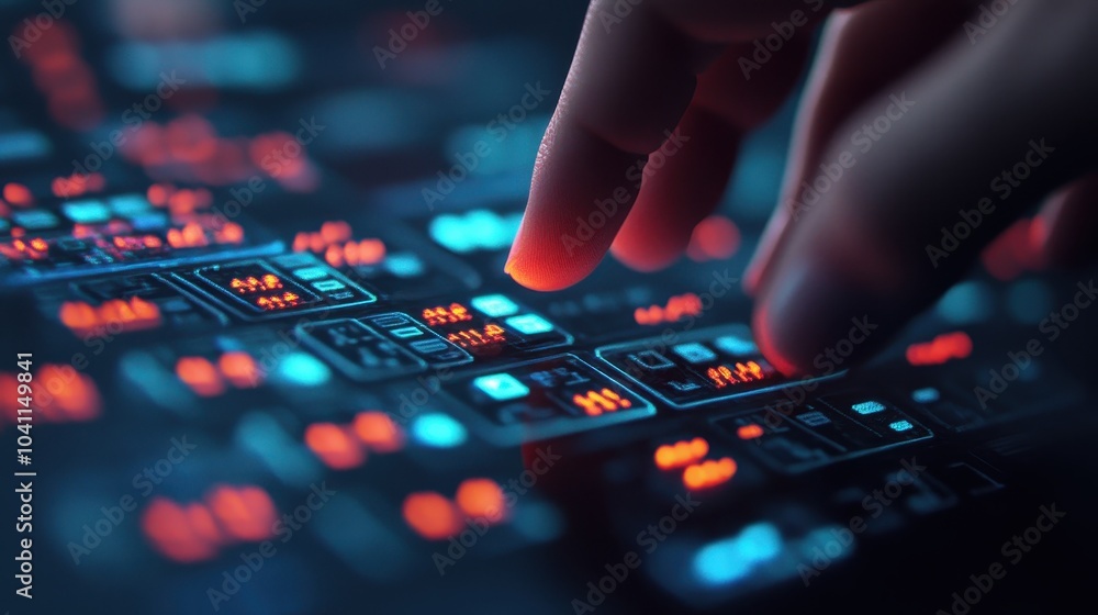 A close-up view of a hand interacting with a futuristic digital interface featuring colorful buttons and glowing elements. A close-up view of a hand interacting with a futuristic digital interface featuring colorful buttons and glowing elements.