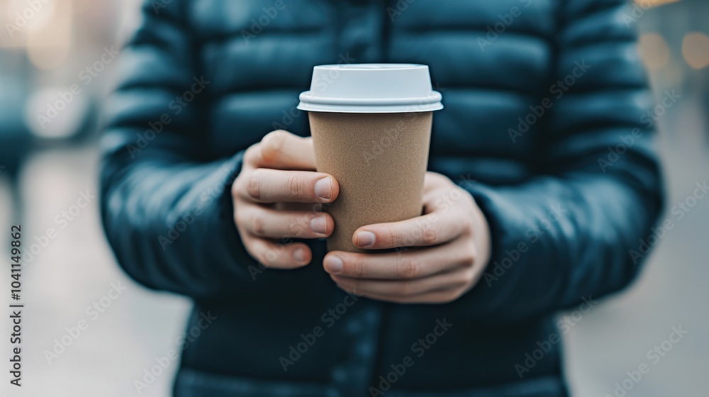 A close-up view of a person holding a disposable coffee cup, perfect for showcasing coffee culture and lifestyle. A close-up view of a person holding a disposable coffee cup, perfect for showcasing coffee culture and lifestyle.