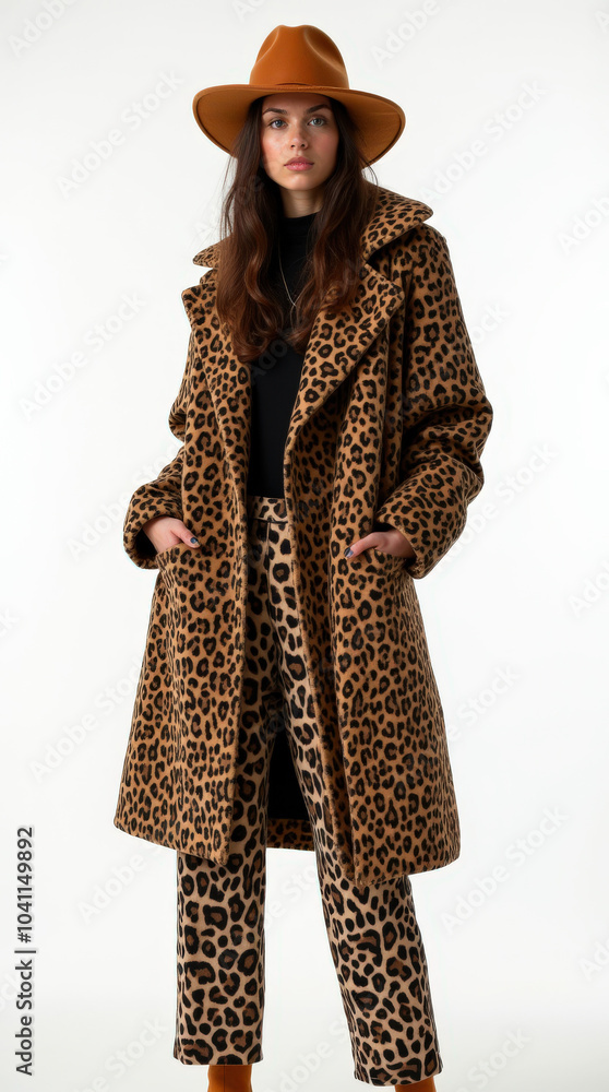 Fashion Model in Trendy Leopard Print Fall Outfit – Iconic Style for Autumn 2024 with Hat and Coat Fashion Model in Trendy Leopard Print Fall Outfit – Iconic Style for Autumn 2024 with Hat and Coat