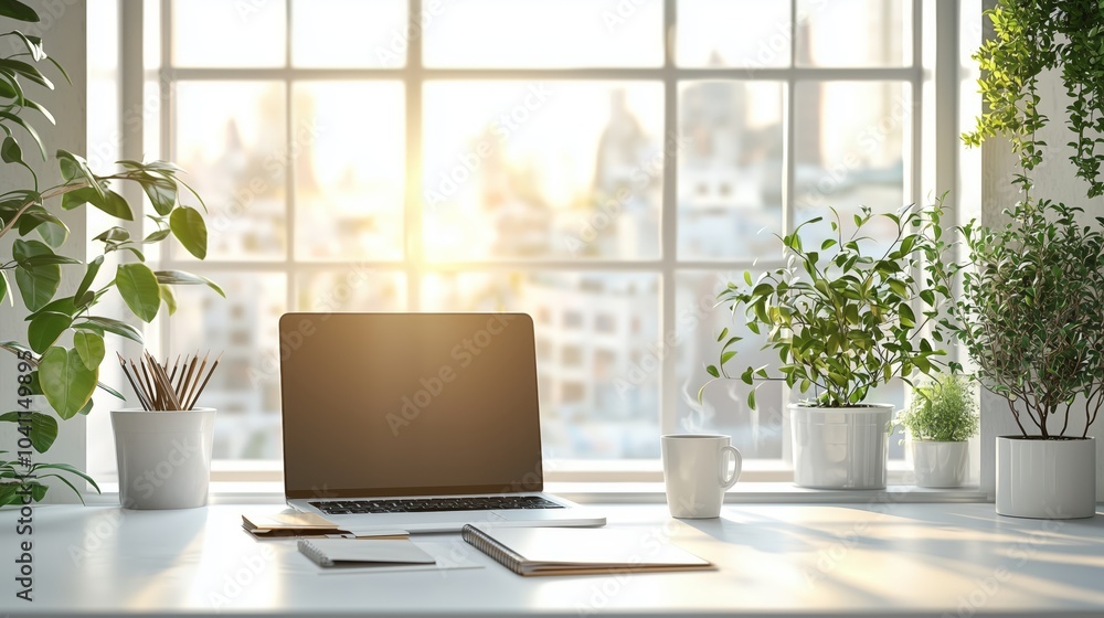 Fototapeta premium Sleek Minimalistic Workspace with Laptop and Notepad