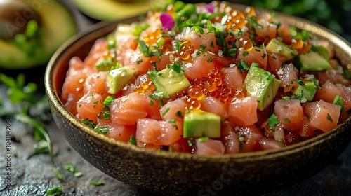 Tuna tartare in a gold-rimmed bowl Finely chopped tuna tartare served in a luxurious gold-rimmed bowl, topped with avocado slices, caviar, and edible gold flakes.