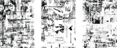 Set of glitch distorted grunge overlay textures. Collection of overlaying textures with halftone dots, scratches and lines .Screen print vector layers pack. Overlays with grunge textured surface