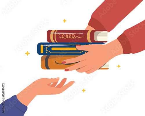 hand holding a stack of books. Sharing book for education, give knowledge to people. Second hand books.