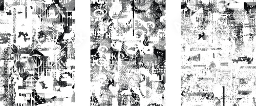 Set of glitch distorted grunge overlay textures. Collection of overlaying textures with halftone dots, scratches and lines .Screen print vector layers pack. Overlays with grunge textured surface