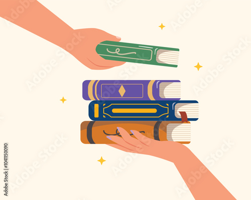 hand holding a stack of books. Sharing book for education, give knowledge to people. Second hand books.