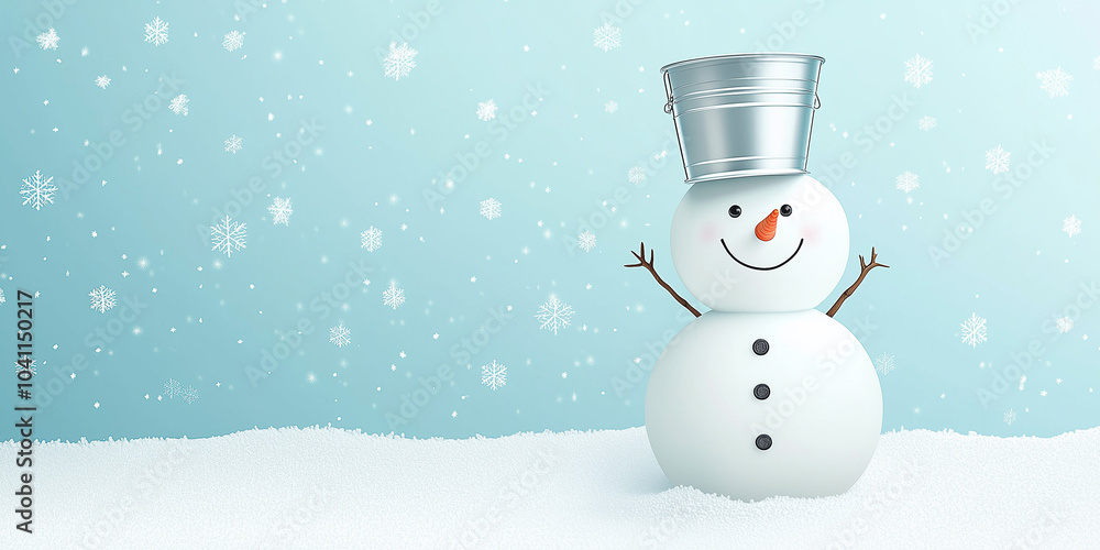 Weihnachtsschneemann mit silbernem Eimer auf dem Kopf. Schneemann im Schnee mit weißen Schneeflocken. Realistischer 3D-Cartoon-Stil. Winterweihnachtshintergrund. Postkarte Einladung Werbung Weihnachtsschneemann mit silbernem Eimer auf dem Kopf. Schneemann im Schnee mit weißen Schneeflocken. Realistischer 3D-Cartoon-Stil. Winterweihnachtshintergrund. Postkarte Einladung Werbung