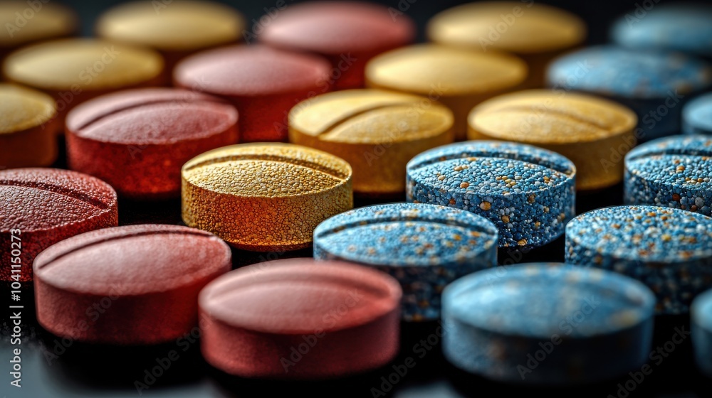 Colorful pills and tablets arranged in a pattern on a reflective surface, showcasing their varied shapes and sizes for health and wellness Colorful pills and tablets arranged in a pattern on a reflective surface, showcasing their varied shapes and sizes for health and wellness