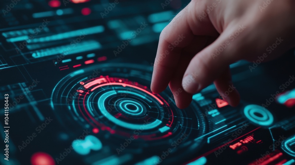 Obraz premium A hand interacts with a futuristic digital interface, showcasing advanced technology and interactive design.