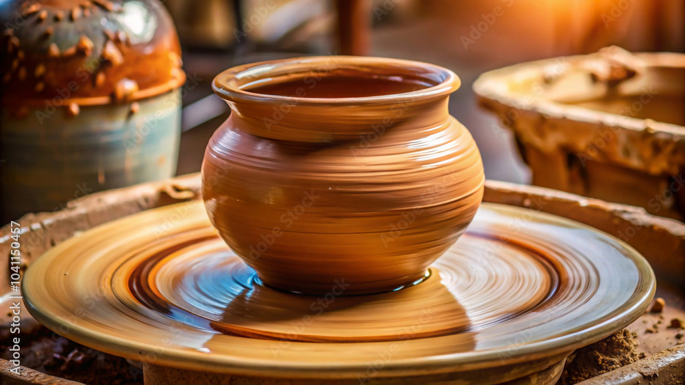 An unfinished clay pot resting on a potter's wheel An unfinished clay pot resting on a potter's wheel