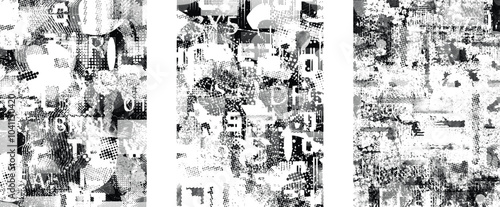 Set of glitch distorted grunge overlay textures. Collection of overlaying textures with halftone dots, scratches and lines .Screen print vector layers pack. Overlays with grunge textured surface