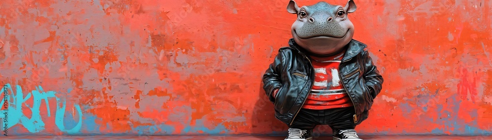 Fototapeta premium A cool anthropomorphic hippo character wearing a stylish jacket, set against a vibrant, artistic background with graffiti.
