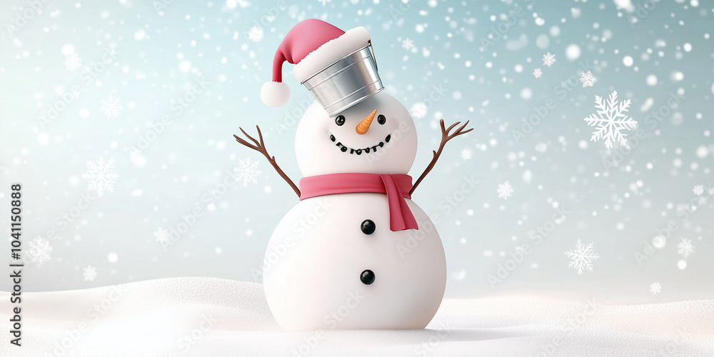Weihnachtsschneemann mit silbernem Eimer auf dem Kopf. Schneemann im Schnee mit weißen Schneeflocken. Realistischer 3D-Cartoon-Stil. Winterweihnachtshintergrund. Postkarte Einladung Werbung