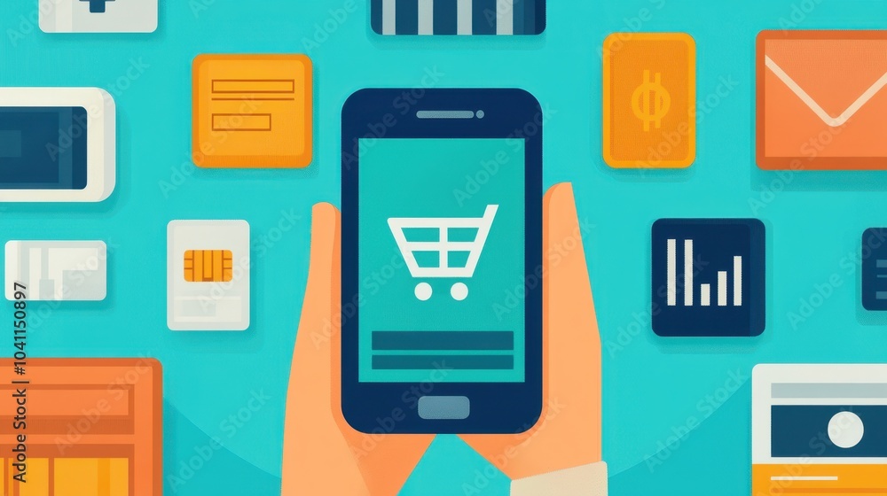 A smartphone displaying an e-commerce shopping cart interface, surrounded by various payment icons and mobile apps. A smartphone displaying an e-commerce shopping cart interface, surrounded by various payment icons and mobile apps.