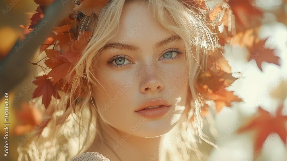 Portrait of a young woman with freckles adorned with autumn leaves, capturing the essence of fall beauty and warmth. Portrait of a young woman with freckles adorned with autumn leaves, capturing the essence of fall beauty and warmth.
