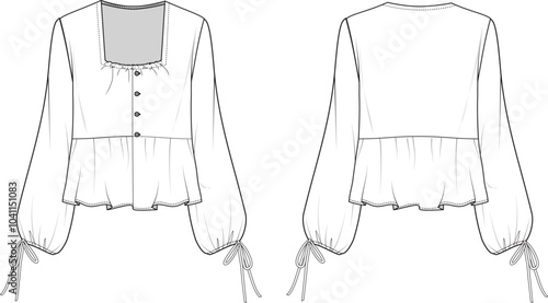Balloon sleeve button blouse technical drawing sketch