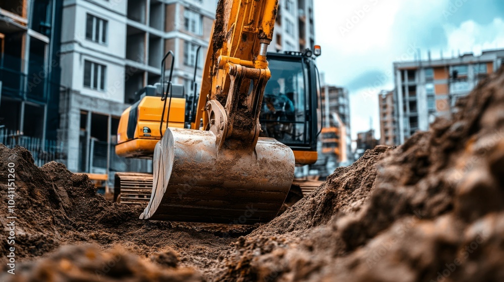 Fototapeta premium Excavator Digging Into A Pile of Dirt During Construction