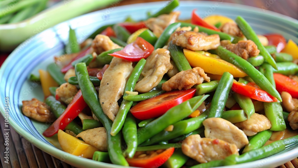 Delicious stir-fried chicken with sweet peppers and green beans served on a colorful plate for a healthy meal Delicious stir-fried chicken with sweet peppers and green beans served on a colorful plate for a healthy meal