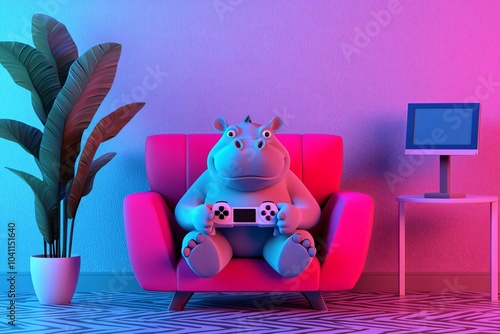 A playful hippo character enjoying video games in a vibrant, colorful living room filled with plants and modern decor. photo